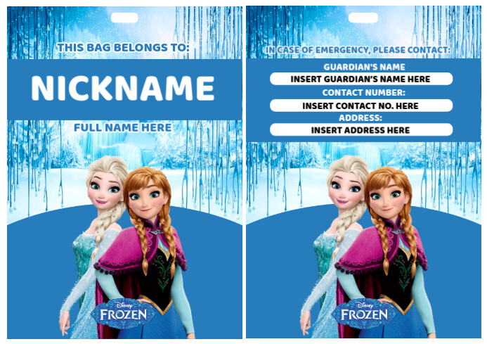 Frozen Themed Kids Bag Tag Template & NAME TAG A4