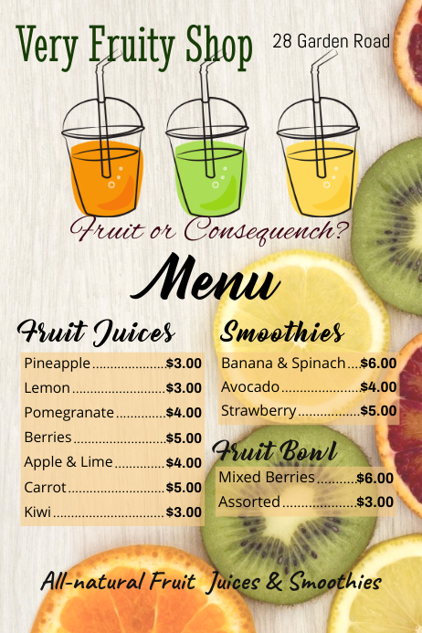 fruit juice and smoothies menu template Cartaz