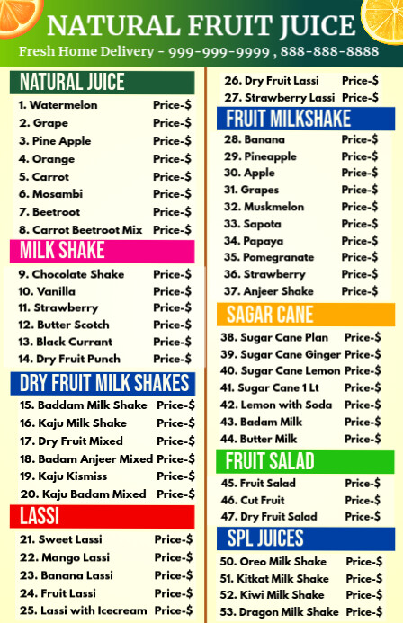 Modèle de Liste de Prix de Jus de Fruits | PosterMyWall