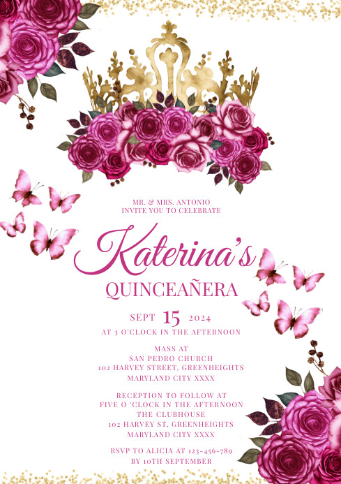 Fuchsia Floral Quinceañera Invitation A4 template