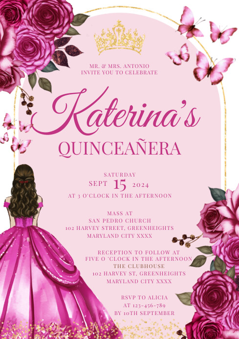 Fuchsia Floral Quinceañera Invitation A4 template