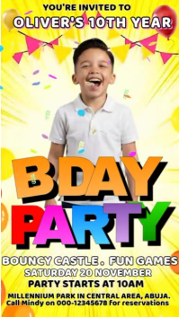 Fun colorful Kids Birthday Party Invitation video template social media post Pantalla Digital (9:16)