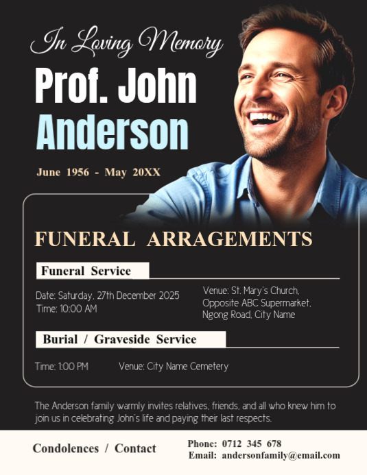 Funeral Announcement Poster — Elegant Memorial Tribute | Editable ...