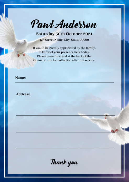 Funeral Attendance Card Template | PosterMyWall