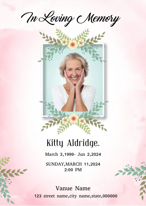 Funeral card Program Template leaf frame A6