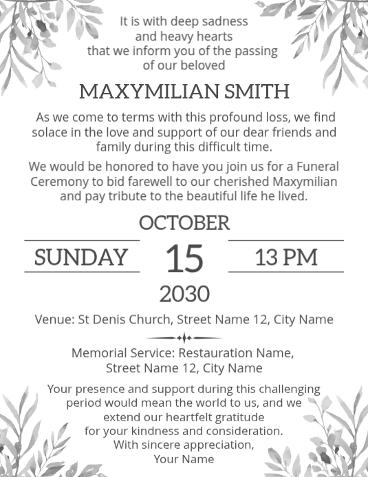 White Funeral Ceremony Flyers Template | PosterMyWall