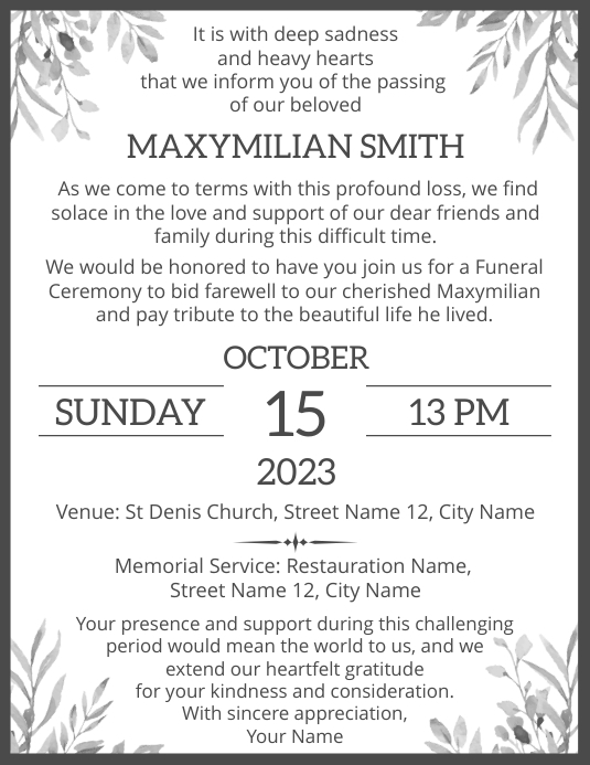 Funeral Memorial Service Ceremony Invitation Template | PosterMyWall