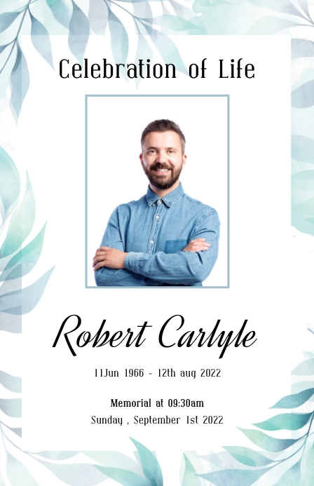 Funeral Program card Template blue leaf (1) Tablóide