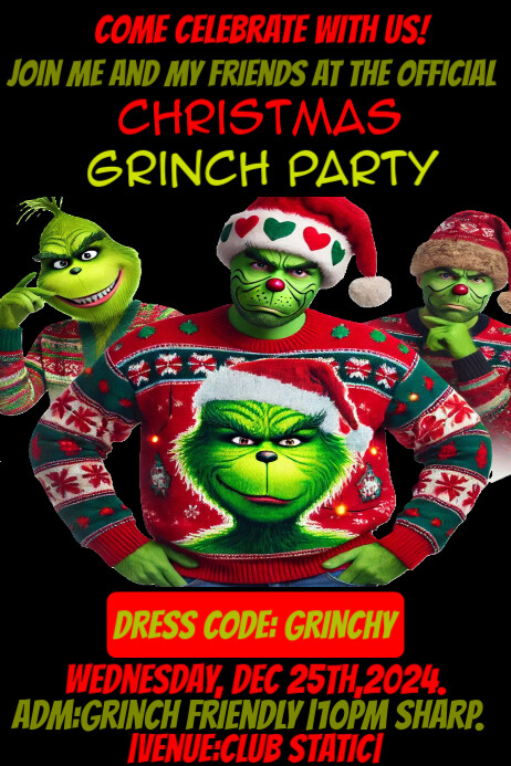 Red & Green Christmas Grinch Party Flyer Invitation/Ugly Sweater Xmas Party Template 2024 Cartaz