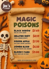 Funny Skeleton and Pumpkins Bar Magic Poisons Halloween Cocktails Menu A3 template