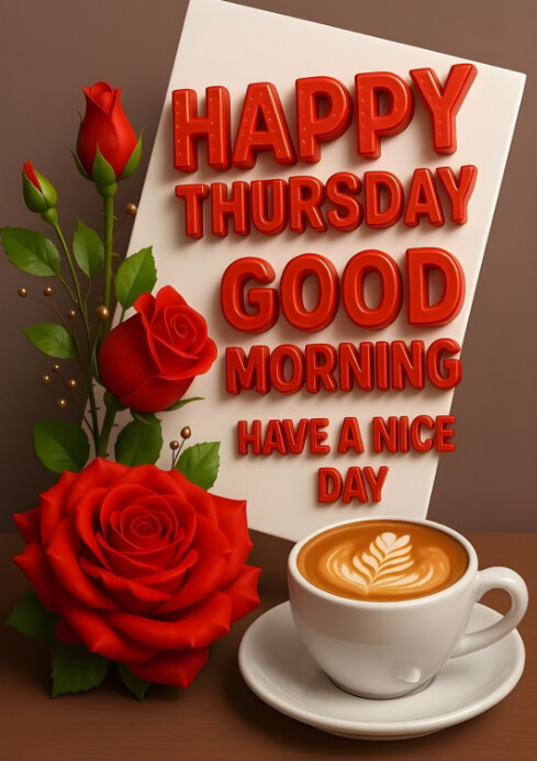 Futuristic Happy Thursday Good Morning With Roses And Coffee | Positive Day Greeting Poster A4 template