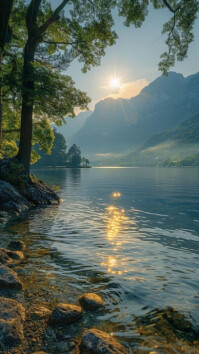 Futuristic Mountain Lake Sunrise  Digital Display (9:16) template