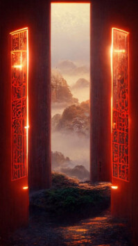 Futuristic Mystical Portal Gate To Fantasy Mountain Landscape Digital Display (9:16) template