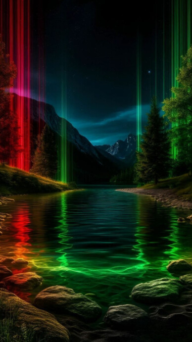 Futuristic Neon Fantasy Forest Lake Background Digital Display (9:16) template