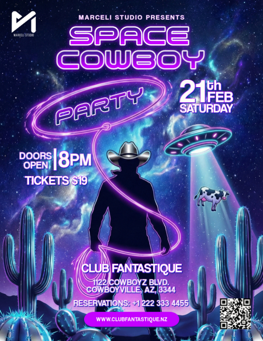 Futuristic Neon Space Cowboy Galactic Party Flyer Template | PosterMyWall