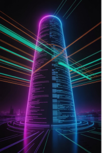 Futuristic Neon Tower in Cyber City Poster template