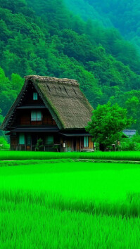 Futuristic Peaceful Countryside Cottage With Green Rice Fields And Forest Hills Digital Display (9:1 template