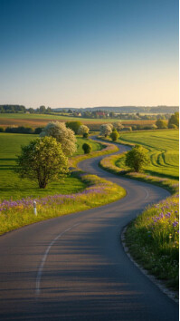 Futuristic Peaceful Green Pathway – Nature Road Background With Flowers Digital Display (9:16) template