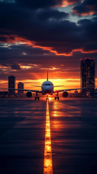 Futuristic Sunset Runway Airplane Background Digital Display (9:16) template