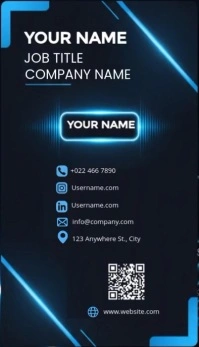 Futuristic Vertical Tech Business Card With Neon Blue Contact Icons Business Card template