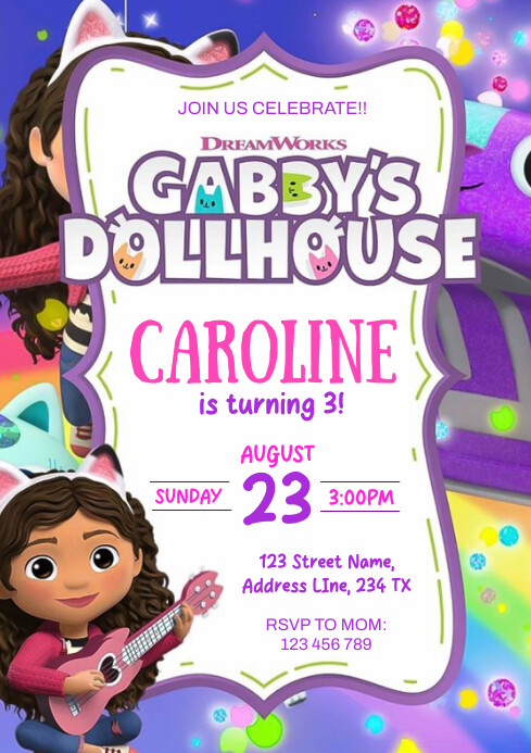 Gabby's Dollhouse birthday invitation A4 template