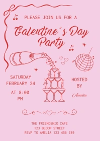 Galentines Girls Night Party Invite Red and Pink Invitation for Valentines Day Hand Drawn A6 template