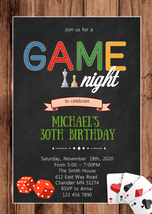 Game night birthday party invitation A6 template