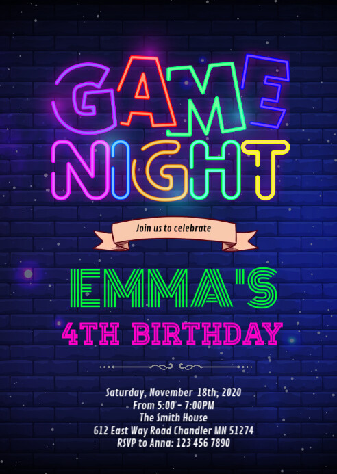 Gamenight birthday invitation A6 template