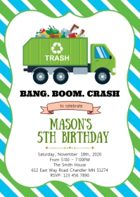 Garbage truck birthday party invitation A6 template