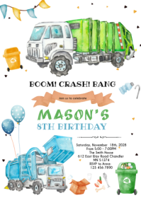 Garbage truck party invitation A6 template