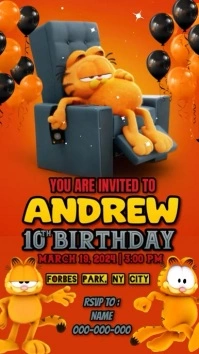 Cartes D'invitation Anniversaire Garfield - Lot De 6, Avec Espace Personnalisable | Pour Fête D'enfant Garçon Ou Fille