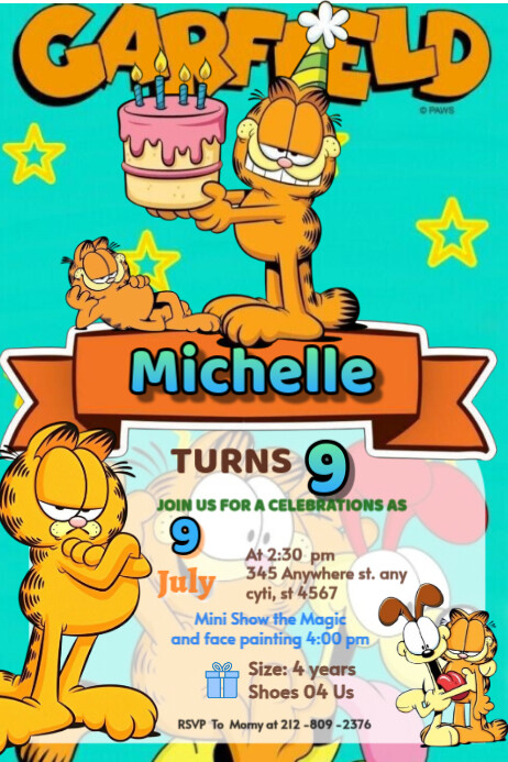 Garfield invitation Brithday party temple boy celebration kids Plakkaat template