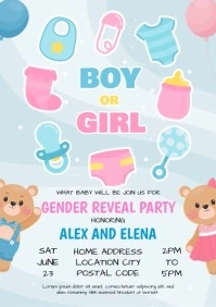 gender reveal blue bear invitation template A4