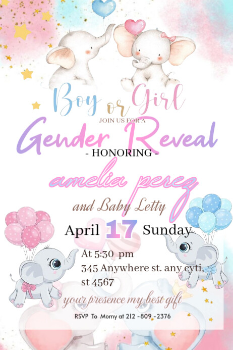 Gender reveal invitation elefant happy celebration temple flayer editablet Cartaz template