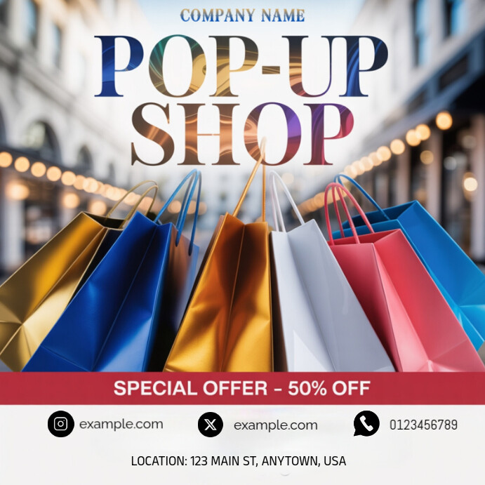Geometric Stylish Pop-up Shop Flayer With Colorful Shopping Bag & 50% Off Promotion  Instagram Post Iphosti le-Instagram template