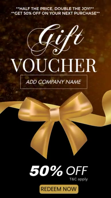 Luxury Gift Voucher Template – Black & Gold 50% Discount Promo Design Digitalt display (9:16)