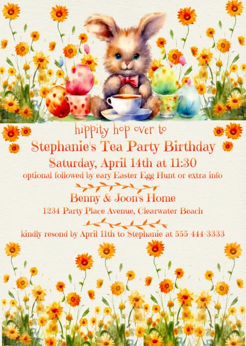 Girl's Birthday Tea Party Invitation A6 template