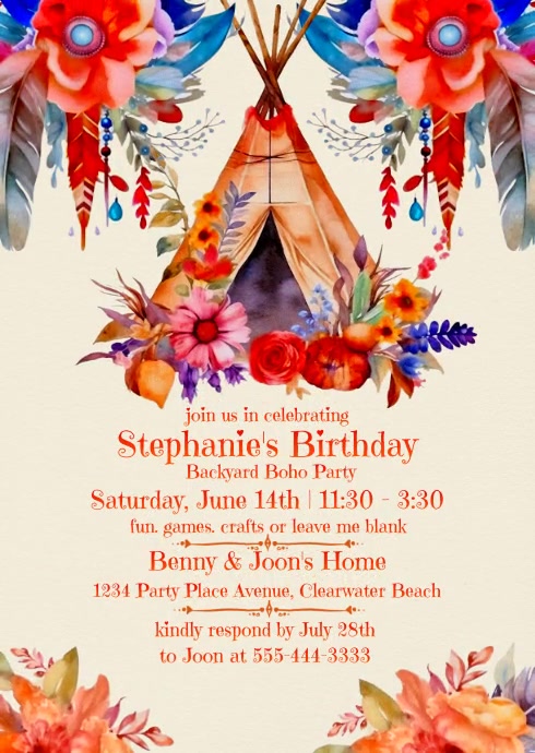 Girl's Boho Birthday Party Invitation A6 template