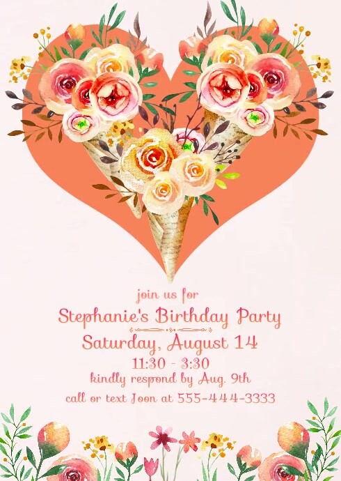 Girl's Ice Cream Birthday Party Invitation A6 template