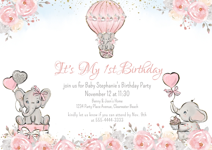Girl Hot Air Balloon First Birthday Card A6 template