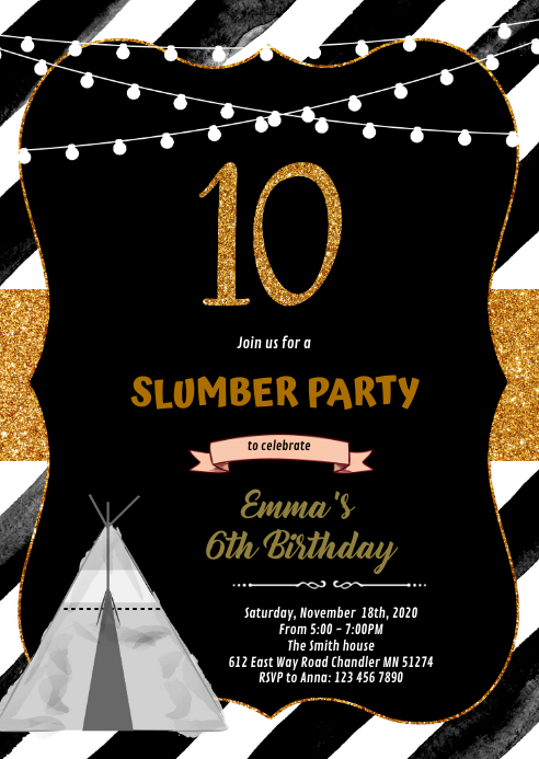 Girl slumber 10th party A6 template