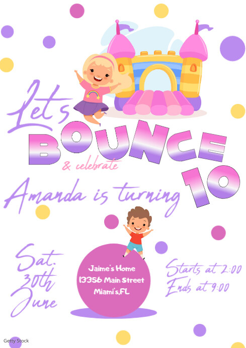 Girls Bounce Party House Birthday Invitations A4 template