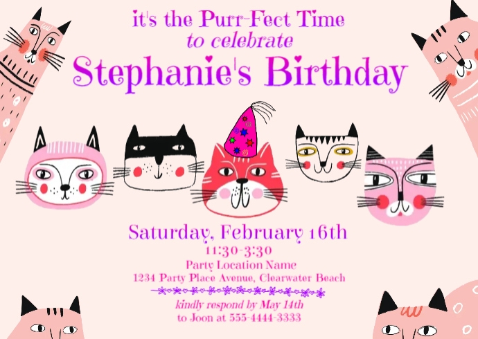 Copy of Girls Cute Cat Birthday Invitation | PosterMyWall