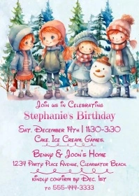 Girls Winter Birthday Party Invitation A6 template