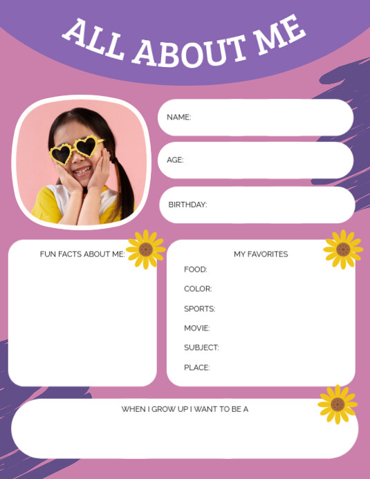 Girly All About Me Kids Worksheet Pamflet (VSA Brief) template