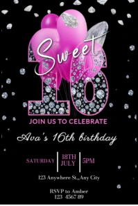 Glam Diamond Sweet 16 Birthday Invitation – Pink & Black Elegant Template" Plakat
