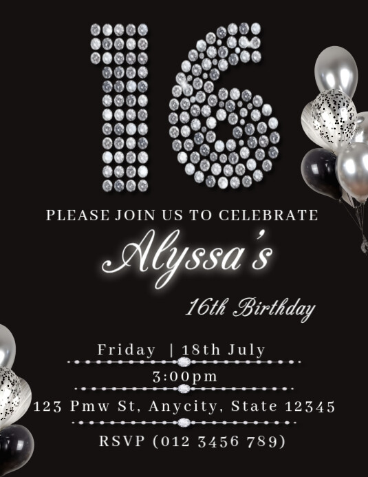 Glam Silver & Black Sweet 16 Birthday Invitation Template Ulotka (US Letter)