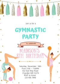 Glitter Gymnastic birthday party invitation A6 template
