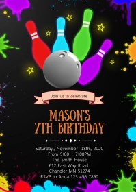 Glow bowling birthday invitation A6 template