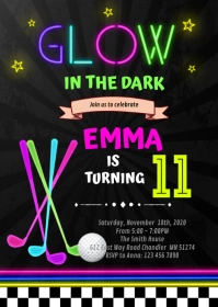 Glow golf party Birthday Invitation A6 template